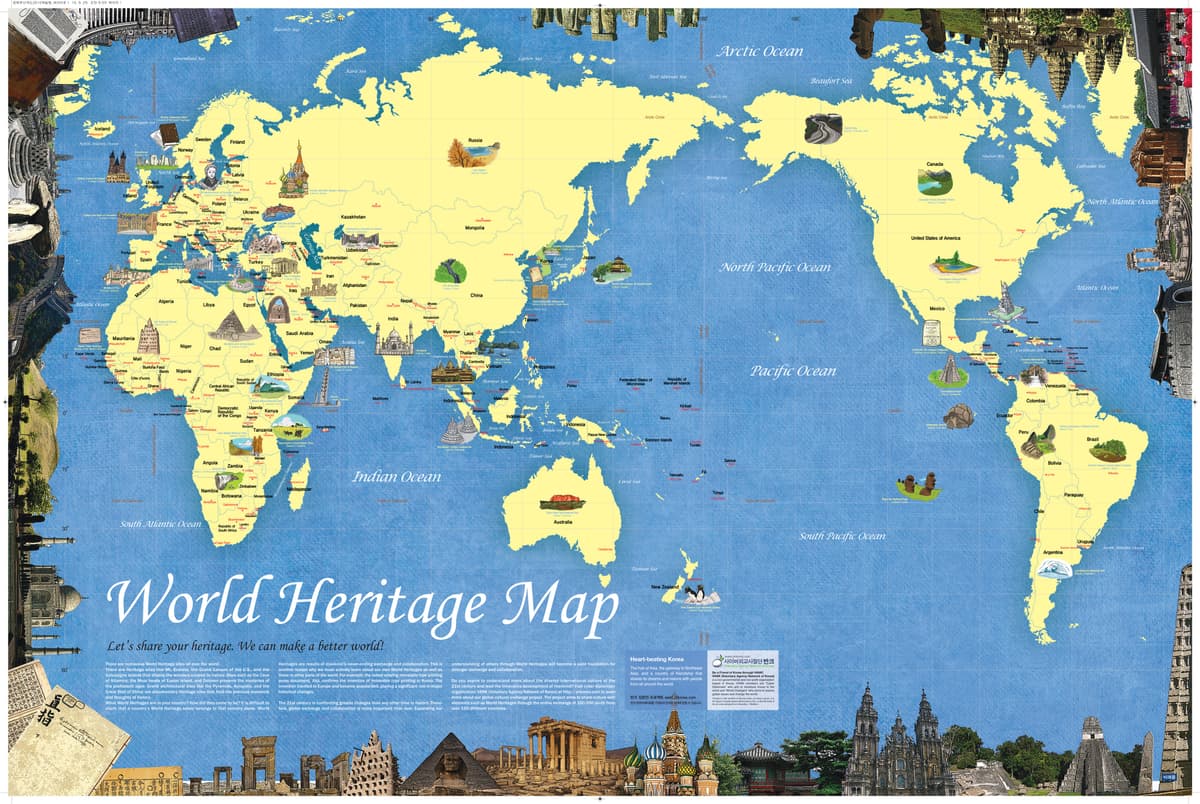 World Heritage World Map (2009). This promotional map introduces 47 UNESCO World Heritage sites with illustrations on…